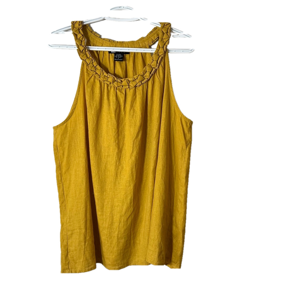 Vintage Carole Little Linen Tank Top Blouse Braided Neckline Yellow Size Large